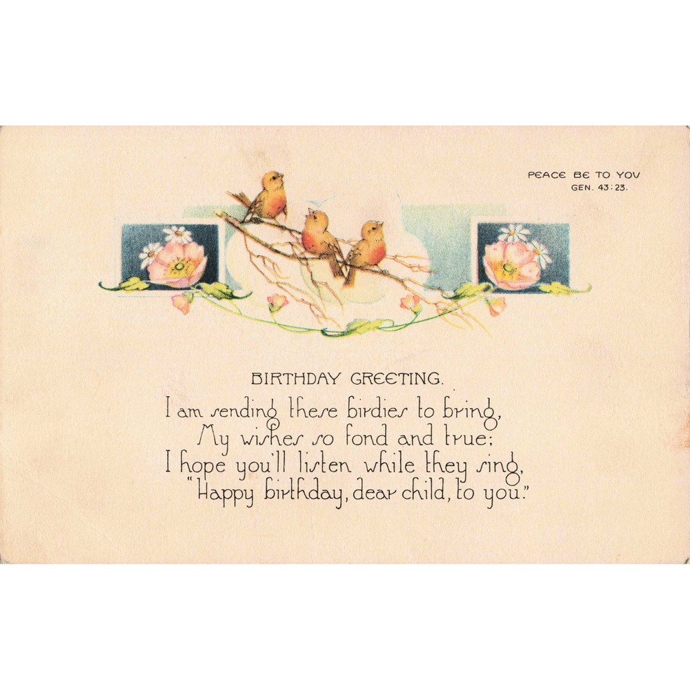 Birthday Greeting Postcard Birds Flowers Genesis 43:23 1925 Standard Pub Co